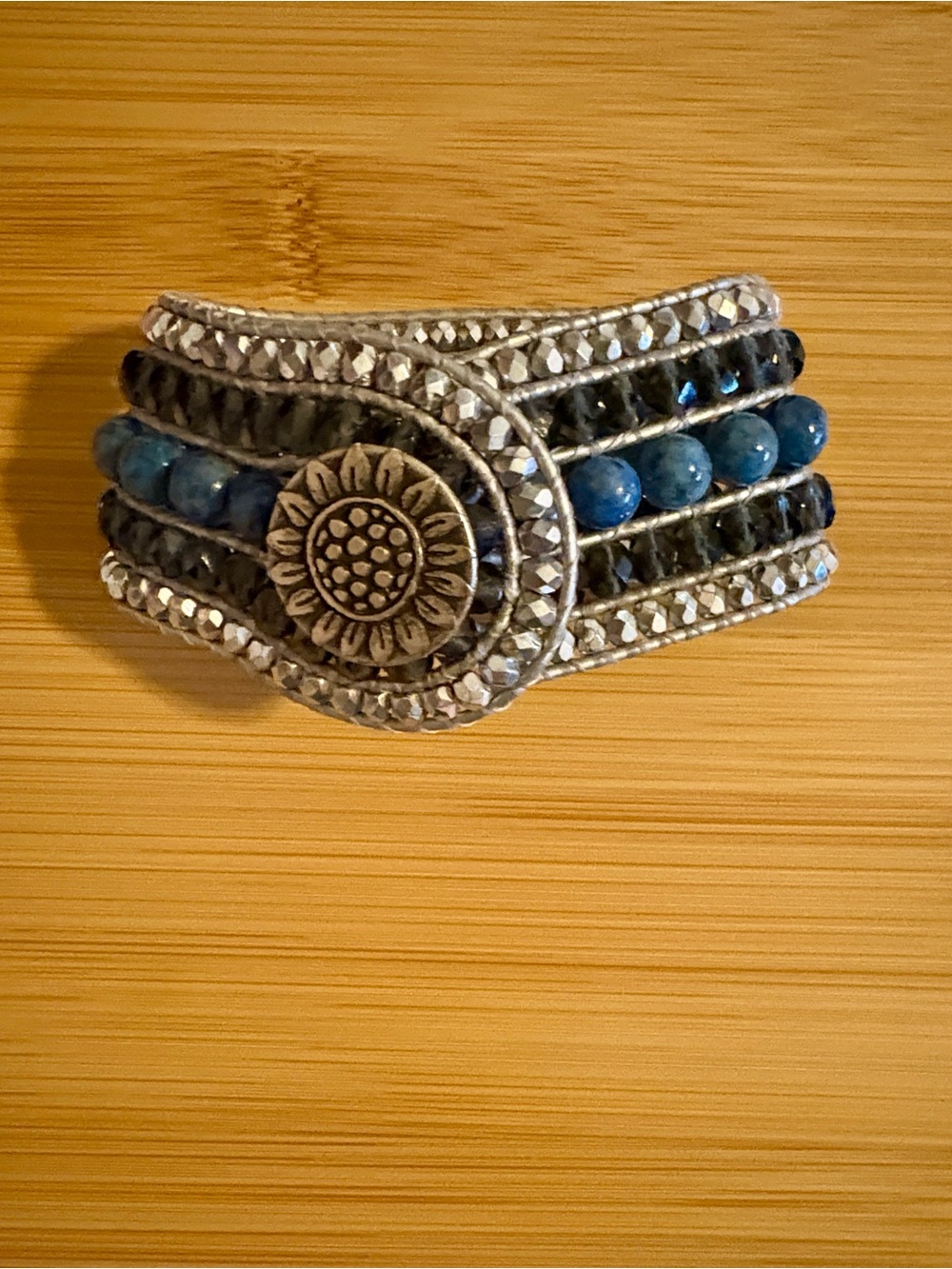 Handcrafted Blue Beaded Multi-Row Sunflower Cuff Bracelet